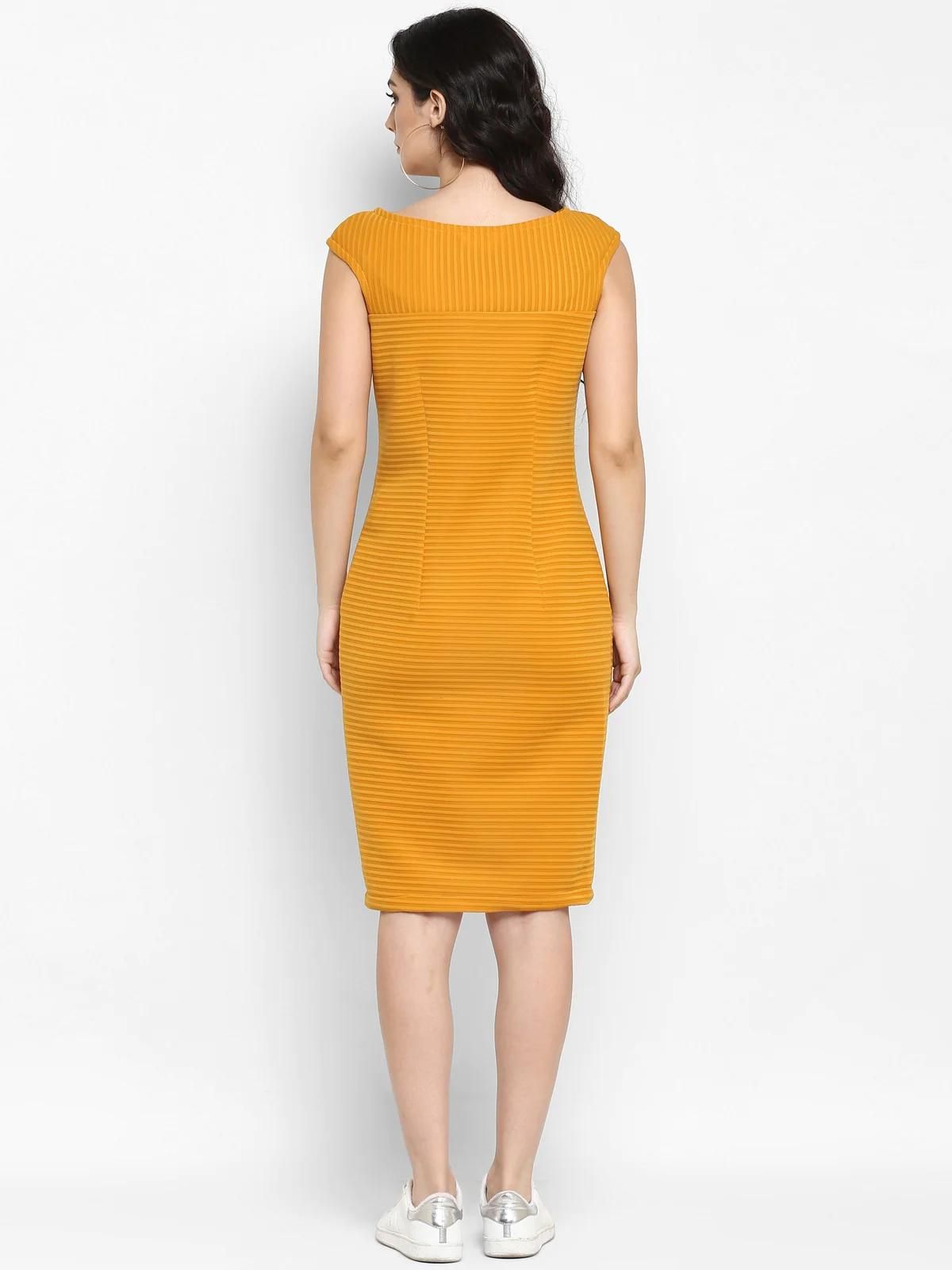PANNKH Solid Mustard Self Striped Dress With Cap Sleeves